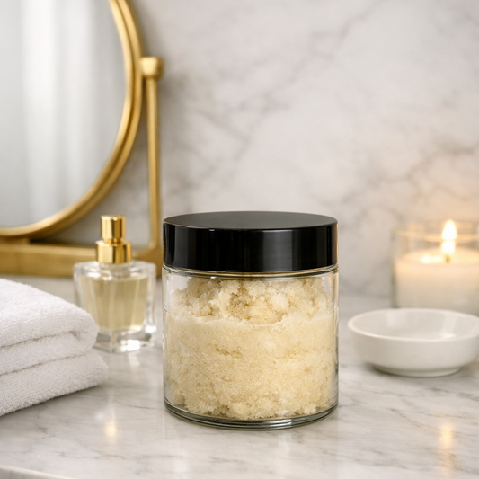 Foaming sugar scrub in a clear jar with a black lid on a marble bathroom counter, beside a folded white towel, a lit candle, and a small perfume bottle in front of a round gold mirror.