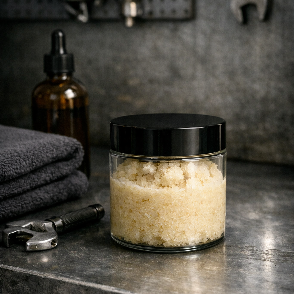 Masculine Bourbon Tobacco grooming scrub jar with wooden spoon, gray towel, and metal tools arranged in a rugged workshop-style setting.