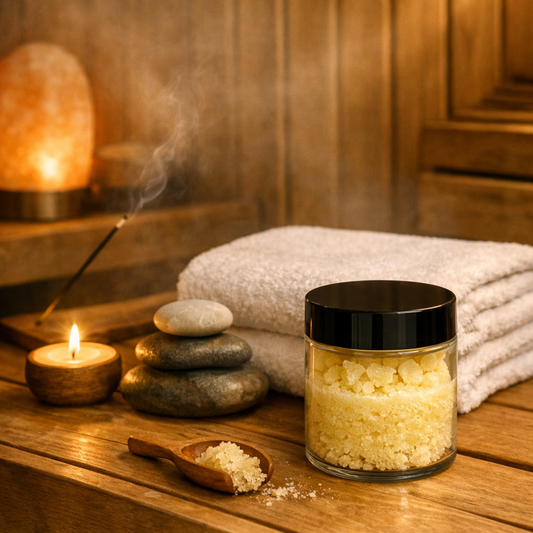 Handmade Vanilla foaming sugar scrub jar with wooden spoon, candle, incense smoke, stones, and folded towel on a cozy spa-style surface.