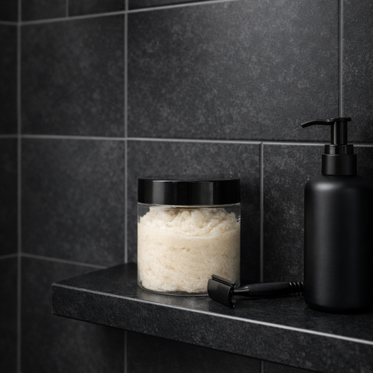 Lavish 4 Less Dark Night Foaming Grooming Scrub displayed in a modern men’s shower with dark gray tiles and matte black fixtures. A clear jar of exfoliating sugar scrub sits on a black shelf beside a black razor and pump bottle, highlighting the bold wood‑musk scent and spa‑style design.