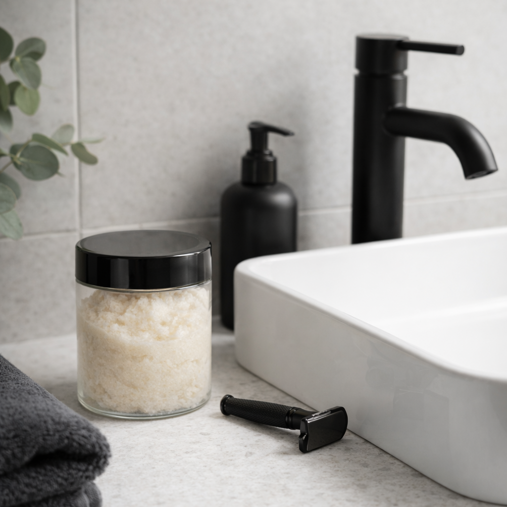 Lavish 4 Less foaming grooming scrub displayed on a light stone bathroom vanity beside a modern matte‑black faucet and white sink basin. The clear jar of exfoliating sugar scrub sits next to a black safety razor, pump bottle, folded towel, and eucalyptus, creating a clean spa‑modern men’s grooming aesthetic.