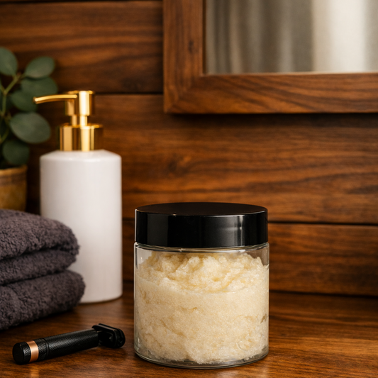 Lavish 4 Less Root Beer Foaming Sugar Scrub displayed on a warm wood bathroom vanity with a white bottle featuring a gold pump, dark gray towels, and a black razor. The clear jar of exfoliating sugar scrub sits naturally on the countertop, highlighting its rich texture and masculine spa‑style aesthetic.