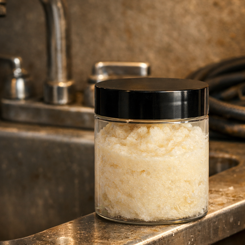 Jar of Bolt & Bounce Shop Scrub sitting on the edge of a stainless‑steel workshop sink under warm light. The clear jar with a black lid shows a coarse, off‑white foaming sugar scrub inside. The sink has subtle wear and water droplets, creating a rugged, polished industrial look.