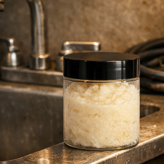 Jar of Bolt & Bounce Shop Scrub sitting on the edge of a stainless‑steel workshop sink under warm light. The clear jar with a black lid shows a coarse, off‑white foaming sugar scrub inside. The sink has subtle wear and water droplets, creating a rugged, polished industrial look.