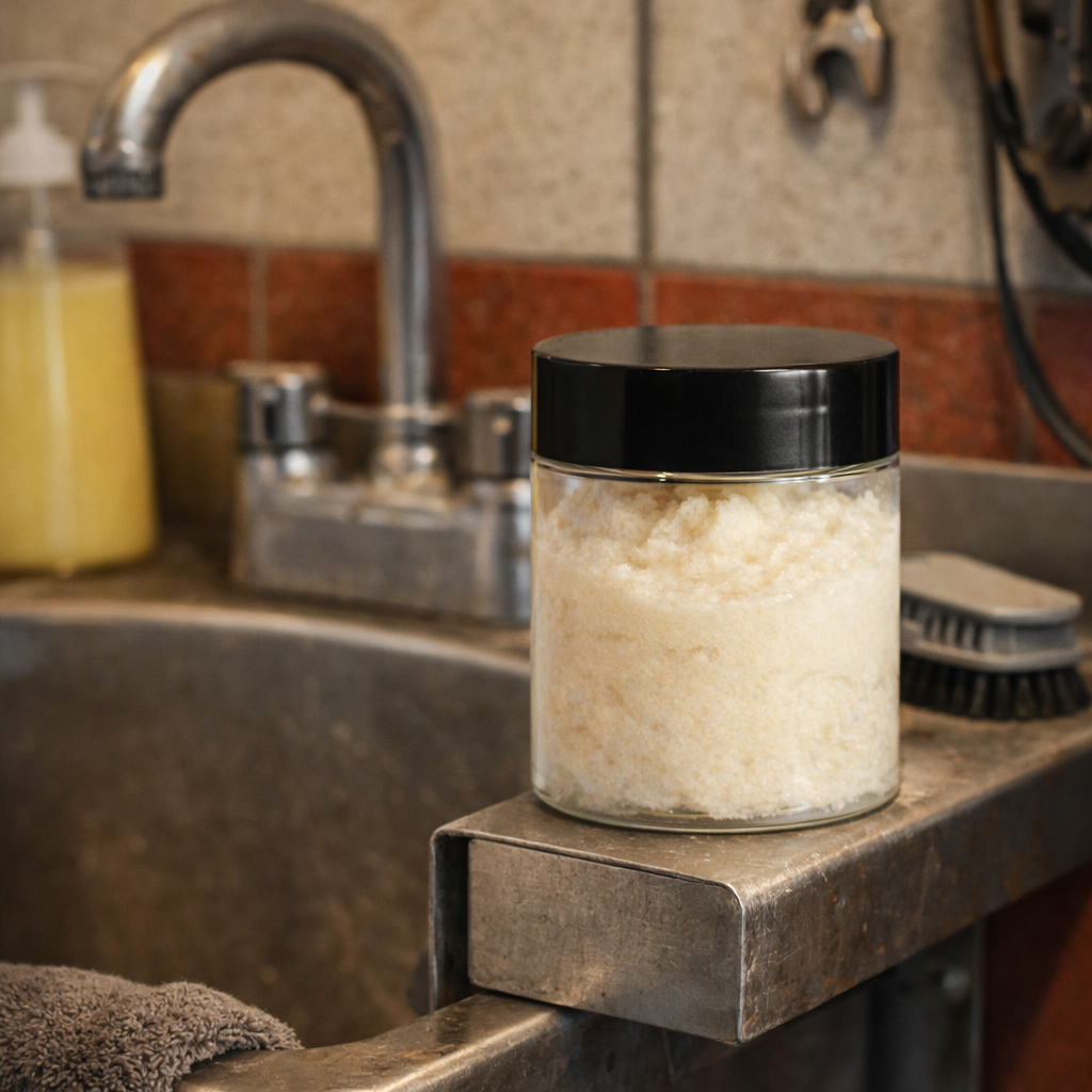 Small 4‑ounce jar of off‑white sugar scrub with a black lid sitting on a stainless‑steel shelf of a wall‑mounted garage wash station. The sink and faucet show light wear, with a gray towel and brush nearby against red‑and‑gray tiled walls under warm workshop lighting.