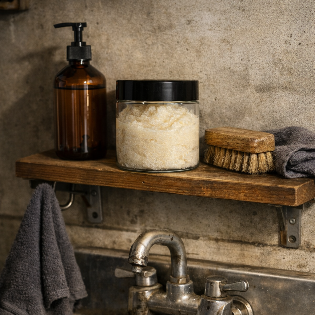 4‑ounce jar of Core Burst Shop Scrub sitting naturally on a small wooden shelf above a metal garage utility sink. A pump bottle, worn scrub brush, and folded shop rag sit beside it. A dark gray towel hangs from a hook under the shelf. Warm daylight casts soft shadows across the concrete wall, sink, and shelf, creating a realistic mechanic wash‑up station.