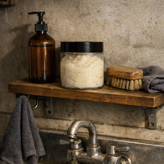 4‑ounce jar of Core Burst Shop Scrub sitting naturally on a small wooden shelf above a metal garage utility sink. A pump bottle, worn scrub brush, and folded shop rag sit beside it. A dark gray towel hangs from a hook under the shelf. Warm daylight casts soft shadows across the concrete wall, sink, and shelf, creating a realistic mechanic wash‑up station.