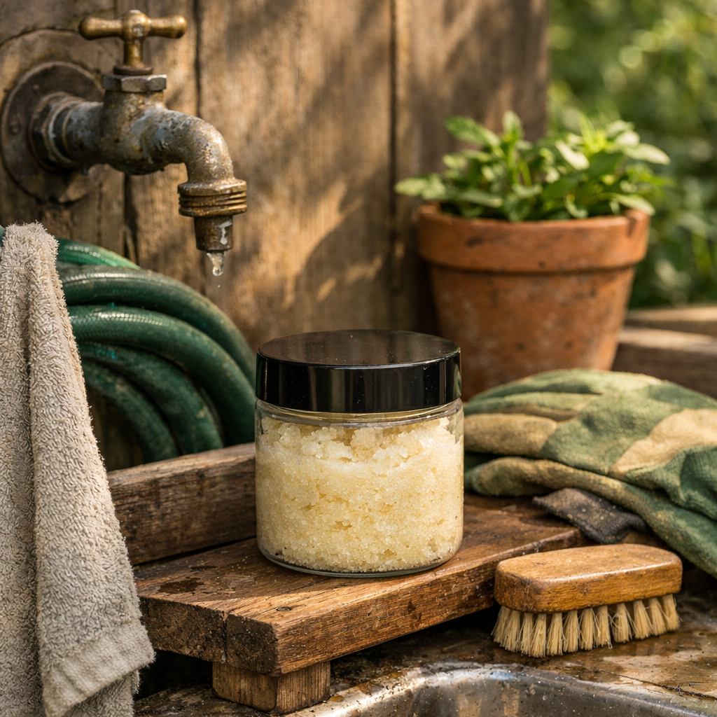 4‑ounce jar of Primed & Torqued Shop Scrub sitting naturally on a weathered wooden gardening wash‑station beside a hose, gloves, and a small brush. A terracotta pot with greenery and a hanging towel complete the fresh outdoor garden‑clean scene under warm daylight.