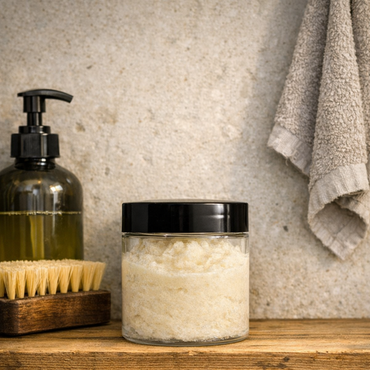 Clear jar with black lid containing off‑white foaming sugar scrub sitting upright on a wooden shelf in a bright mechanic workshop. A pump bottle, small brush, and folded towel add subtle workshop detail against a light concrete wall under warm daylight.