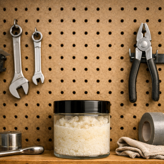 Clear jar of unscented foaming sugar scrub on a pegboard mechanic wall shelf with tools arranged neatly around it.