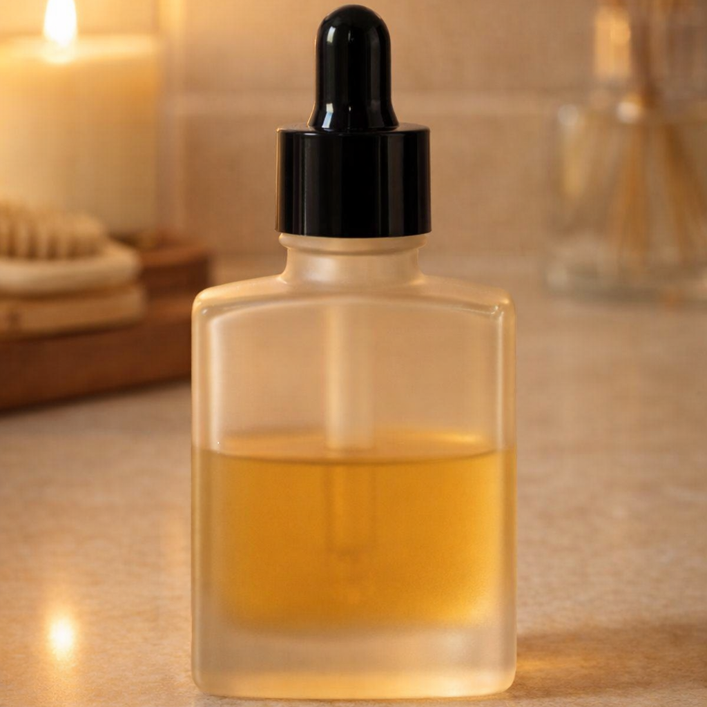 A frosted glass dropper bottle filled about 60% with golden oil stands upright on a beige marble bathroom counter. The bottle has a glossy black dropper cap and catches warm candlelight. Behind it, a lit candle, a wooden brush on a tray, and a blurred reed diffuser create a cozy, spa‑like atmosphere.