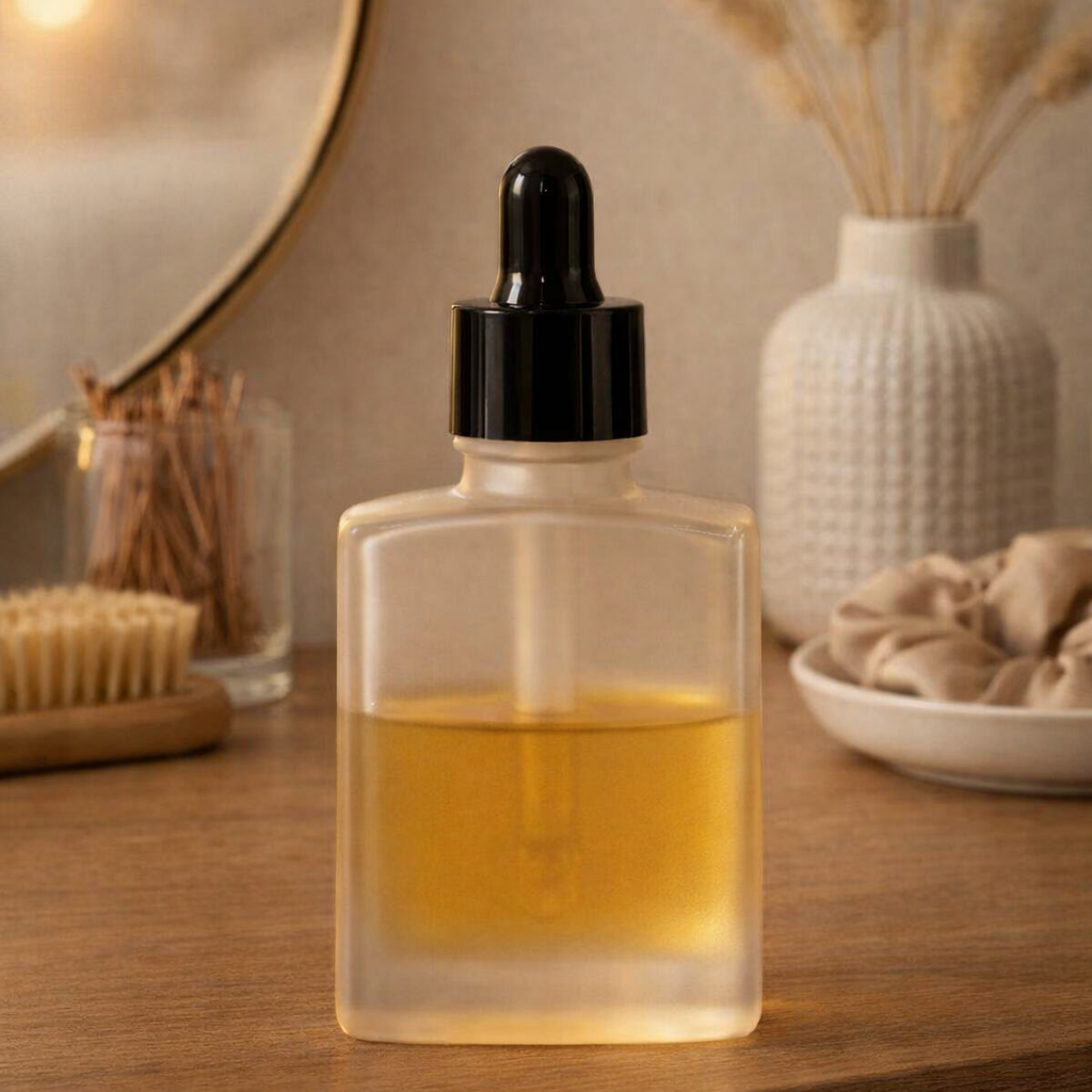 Hair oil bottle on a wooden dresser beside a hairbrush, bobby pins, a silk scrunchie, and a vase of dried grass.