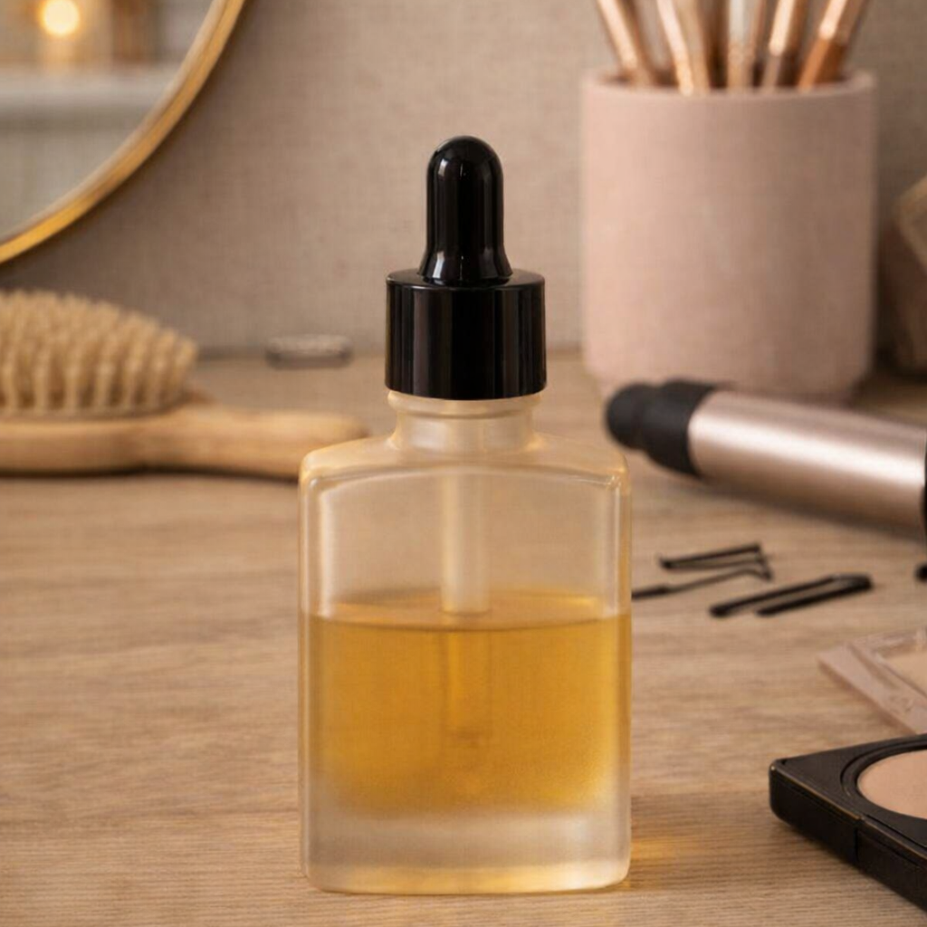 Frosted hair oil bottle on a makeup and hair desk with a curling iron, brush, and makeup items.