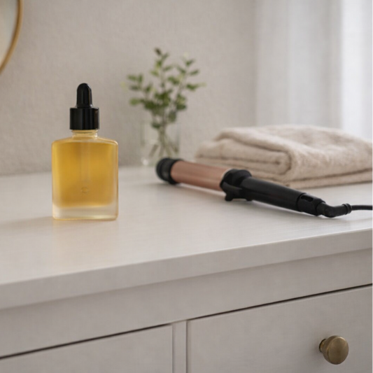 Frosted hair oil bottle sitting farther back on a white dresser with a curling iron, brush, towel, and greenery in soft daylight.
