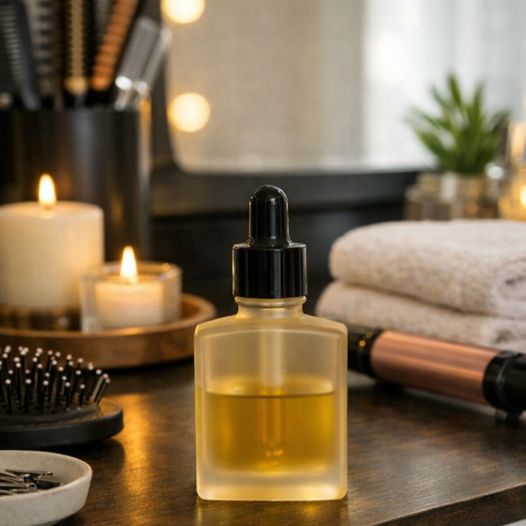 Frosted hair oil bottle on a spa‑style salon station with candles, brush, towels, and greenery.