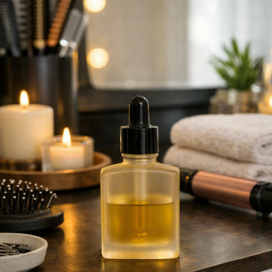 Frosted hair oil bottle on a spa‑style salon station with candles, brush, towels, and greenery.