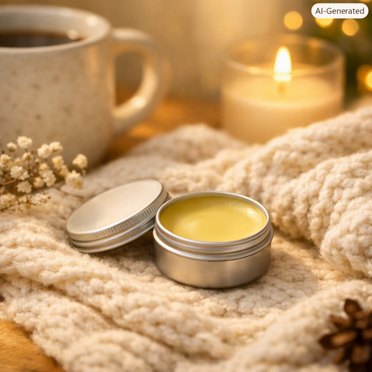 Open silver tin of Polar Releaf balm resting on a soft cream‑colored knitted blanket beside a warm mug and candle, creating a cozy self‑care atmosphere.
