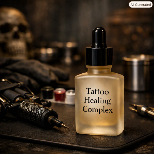 Frosted 28 ml glass bottle labeled “Tattoo Healing Complex” on a matte black tattoo pad beside a tattoo machine, ink caps, and gloves under moody studio lighting.