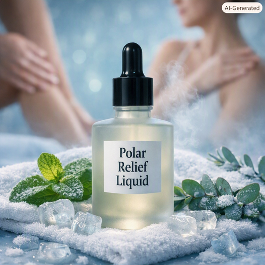 Frosted glass dropper bottle labeled “Polar Relief Liquid” resting on a frosted white towel surrounded by ice cubes, mint leaves, and eucalyptus sprigs, with blurred leg and shoulder silhouettes in the background showing cooling comfort use.