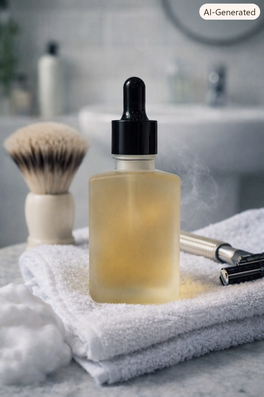 Frosted glass dropper bottle of shave oil resting on a folded white towel beside a shaving brush and metal razor, with soft bathroom lighting and a blurred sink background.