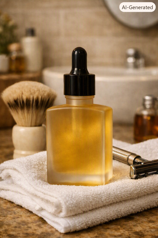 Frosted glass dropper bottle of golden shave oil resting on a folded white towel beside a shaving brush and silver razor, with a halved coconut in the blurred background under warm bathroom lighting.