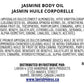 Full ingredient label for Jasmine Body Oil showing bilingual INCI list, distributor information, and batch number space.