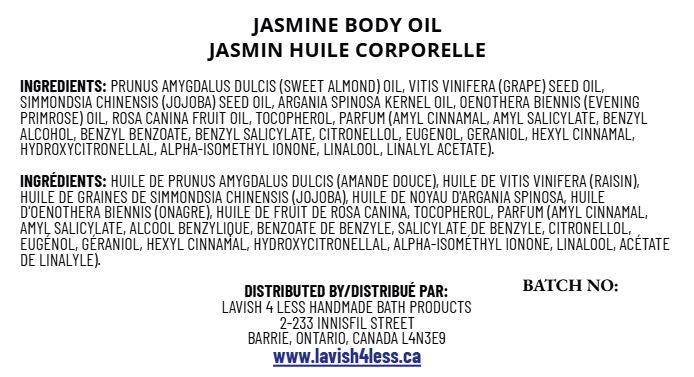 Full ingredient label for Jasmine Body Oil showing bilingual INCI list, distributor information, and batch number space.
