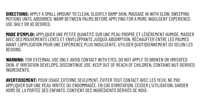 Jasmine Body Oil back label showing bilingual directions and bilingual warning information on a white background.