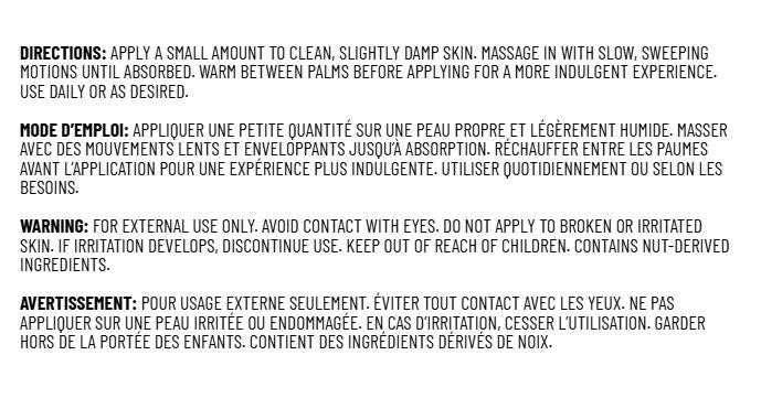 Lavender Body Oil back label showing bilingual directions and bilingual warning information on a white background.