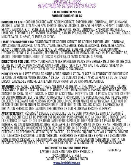 Lilac Shower Melts label showing bilingual ingredients, directions, and warnings in English and French.