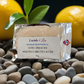 Tea Tree & Lemon foot bath salts in clear packaging displayed with citrus and greenery on a natural surface.