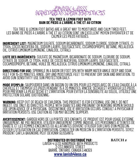 A white rectangular label with black text detailing the ingredients, directions, warnings and distribution information for Tea Tree & Lemon Foot Bath.