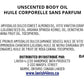 Front of Unscented Body Oil handout displaying bilingual ingredient list and distributor information on a clean, minimalist layout.
