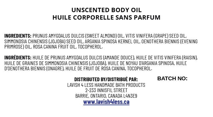 Front of Unscented Body Oil handout displaying bilingual ingredient list and distributor information on a clean, minimalist layout.