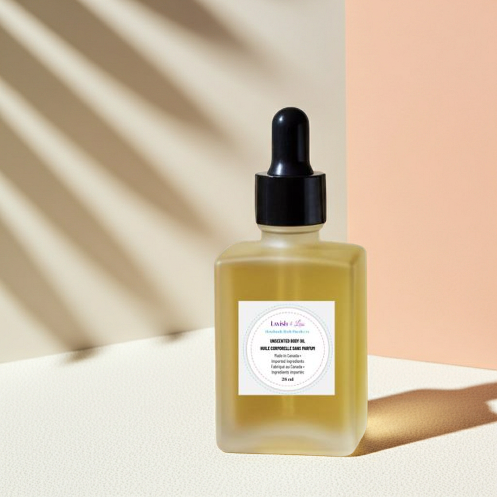 Unscented Body Oil in a glass dropper bottle styled with soft natural lighting and a clean spa‑like glow.