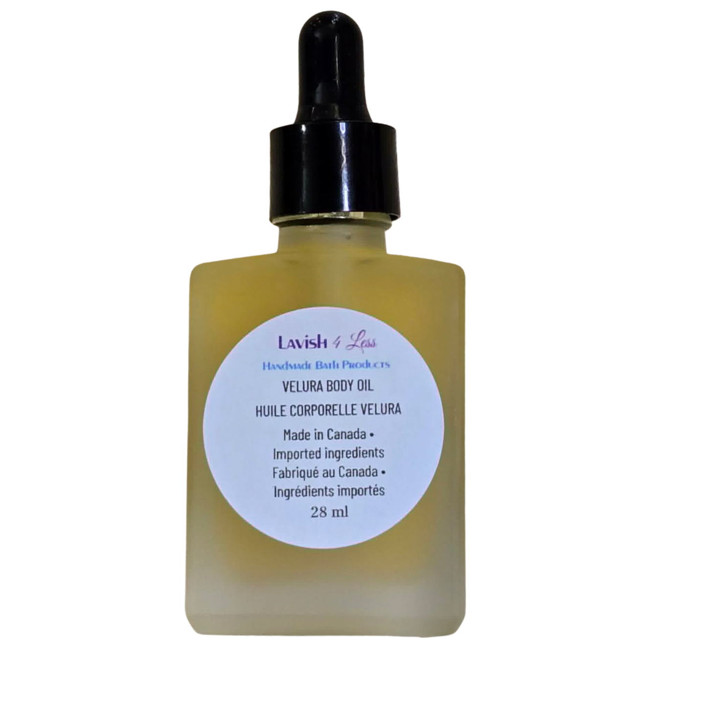 Lavish & Luxe Velura Body Oil in a frosted glass bottle with a black dropper cap, on a white background.