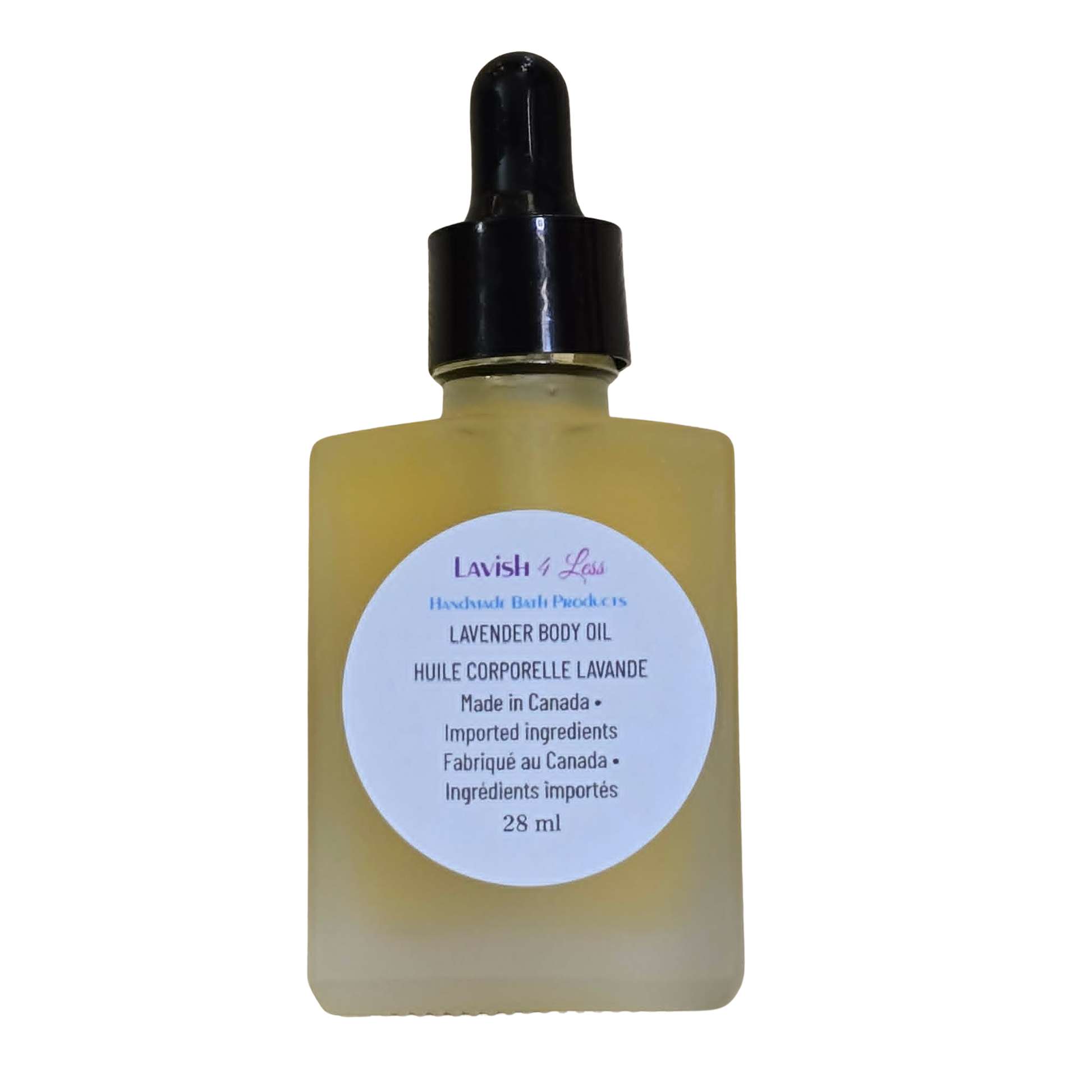 Lavender body oil in a frosted glass bottle with a black dropper cap on a white background.