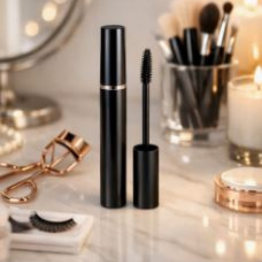 A modern makeup‑dresser scene featuring a sleek black mascara tube with its wand resting beside rose‑gold lash tools, a small open jar of cream, and false lashes on a white tray. Soft, warm lighting reflects off a glossy vanity surface surrounded by brushes, perfume, and a lit candle, creating a clean, luxurious lash‑care atmosphere.