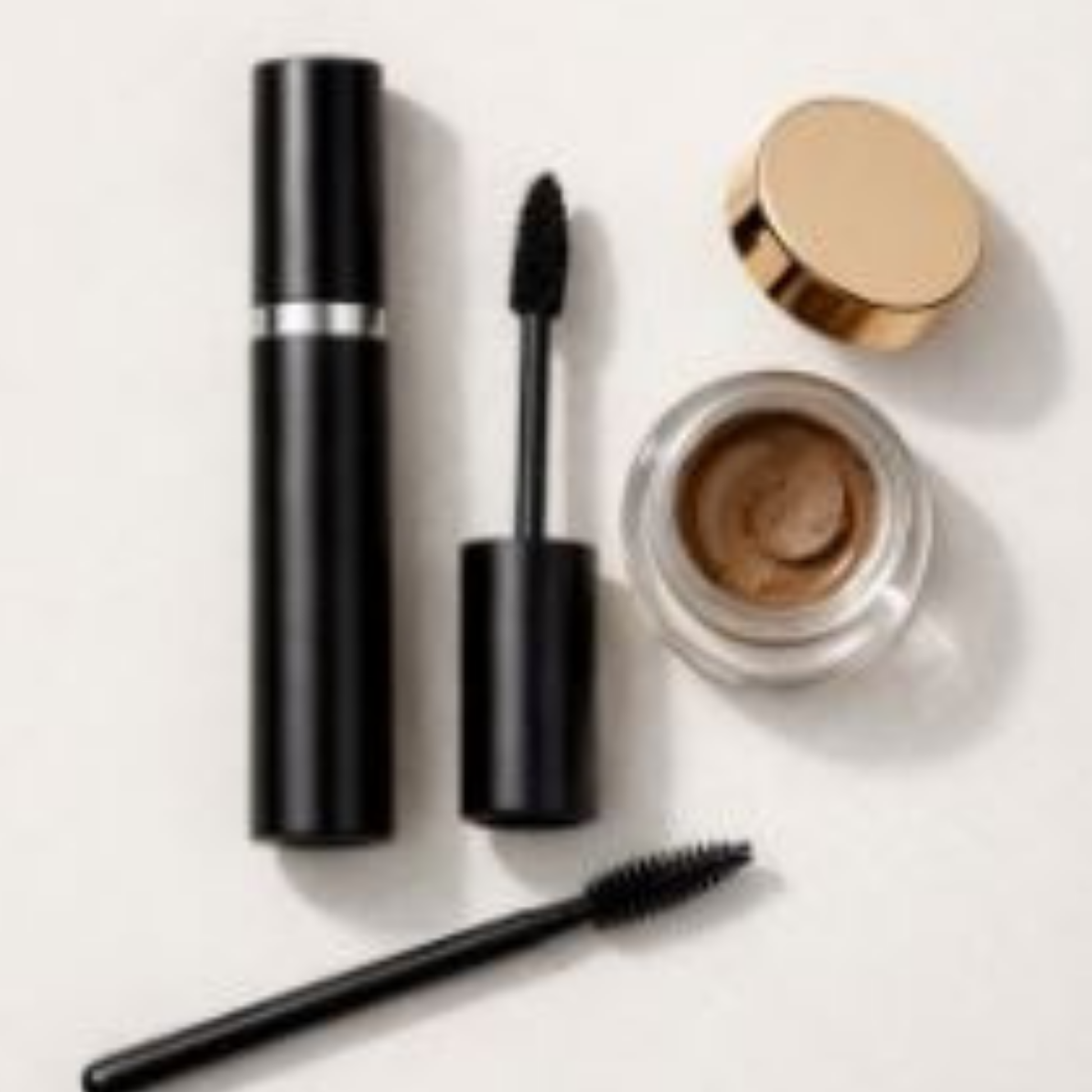 A minimalist flatlay featuring a sleek black brow serum tube, angled applicator wand, open jar of brown brow pomade with gold lid, and a black spoolie brush arranged on a soft neutral background with gentle shadows.