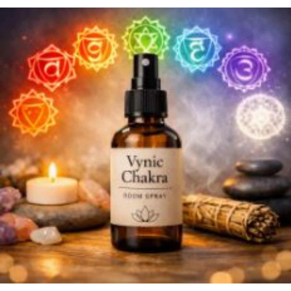 Amber Vynic Chakra Room Spray bottle centered on a wooden surface surrounded by eight glowing chakra symbols — red, orange, yellow, green, light blue, indigo, violet, and white — with crystals, candle, and sage in a calm spa‑style scene.