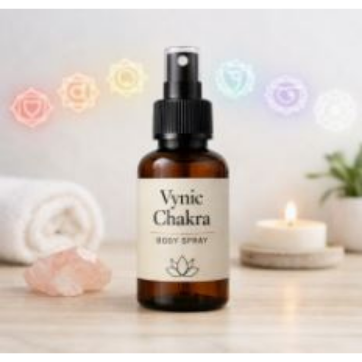 Amber Vynic Chakra Body Spray bottle on a light wooden dresser with soft natural light, rose quartz, a candle, and faint pastel chakra orbs glowing subtly in the background.