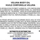 Front of Velura Body Oil ingredient card featuring product name and INCI list on a clean, minimalist background.