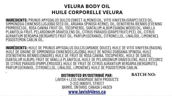 Front of Velura Body Oil ingredient card featuring product name and INCI list on a clean, minimalist background.