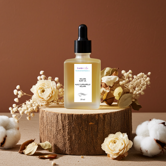 Lavish & Lush Velura Body Oil with dropper bottle displayed on wood with dried flowers and cotton.