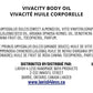 Vivacity Body Oil front label showing product name, ingredient list, and contact information on a white background.