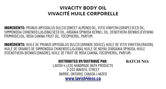 Vivacity Body Oil front label showing product name, ingredient list, and contact information on a white background.