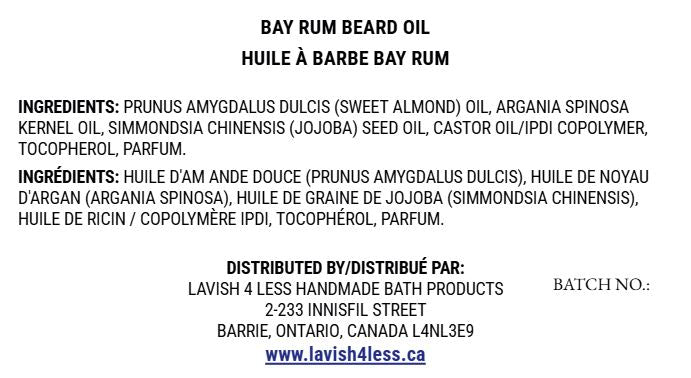 Front of the Bay Rum Beard Oil info card showing the full ingredient list and Lavish 4 Less distribution details on a clean white background.