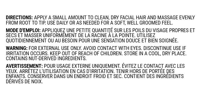 Back of the Bay Rum Beard Oil info card displaying directions for use and safety warnings in English and French on a clean white background.