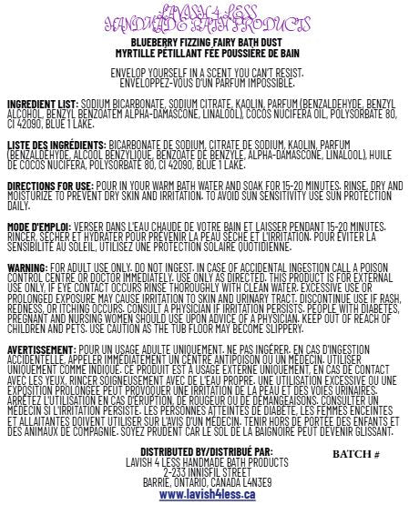 Back label for Blueberry Fizzing Fairy Bath Dust with ingredients, directions, warning, and distributor information.