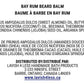 Front of the Bay Rum Beard Balm info card showing the full ingredient list and Lavish 4 Less distribution details on a clean white background.